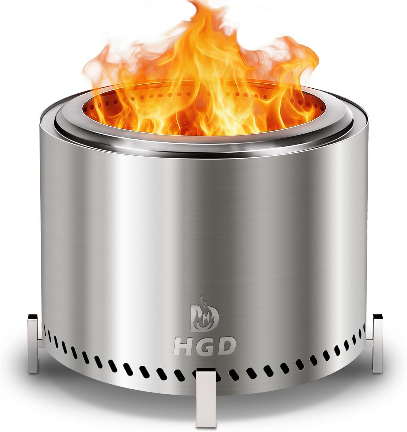 HGD 20 Inch Smokeless Fire Pit with Stand, Stainless Steel Wood Burning Stove, Outdoor Firepit with Removable Ash Pan for Backyard, Patio, Garden, BBQ and Bonfire, Silver