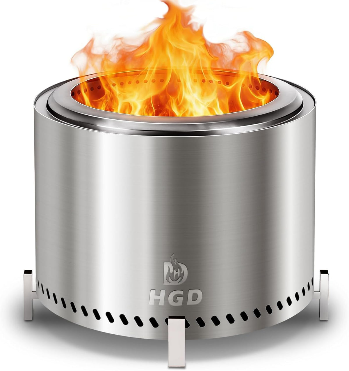 HGD 20 Inch Smokeless Fire Pit with Stand, Stainless Steel Wood Burning Stove, Outdoor Firepit with Removable Ash Pan for Backyard, Patio, Garden, BBQ and Bonfire, Silver