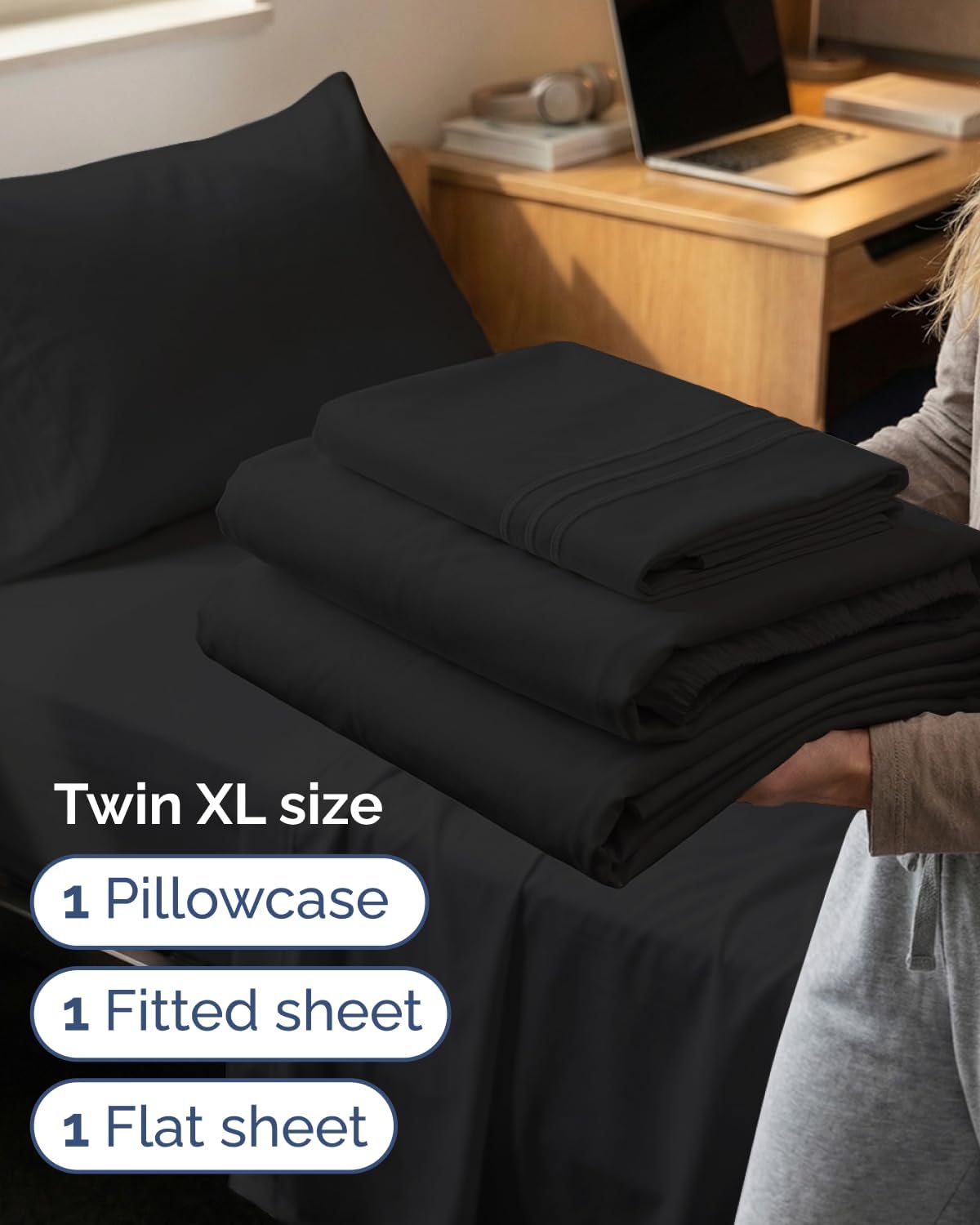 Twin XL 3 Piece Sheet Set - College Dorm Room Essentials - Black
