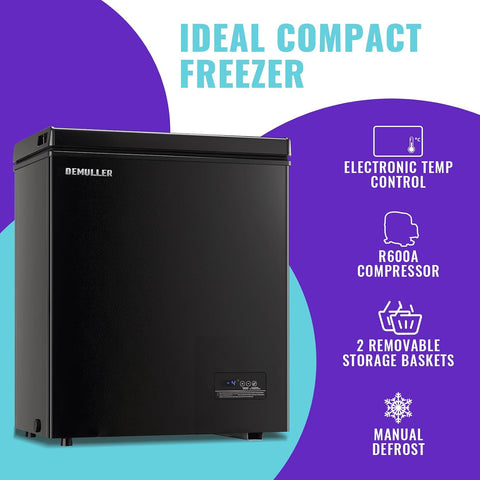 DEMULLER 4.0Cu.ft Compact Chest Freezer, Small Deep Freezers with Top Open Door & Electronic Panel & Two Storage Wire Baskets, Temp Range -12 ℉ to 50 ℉, Black