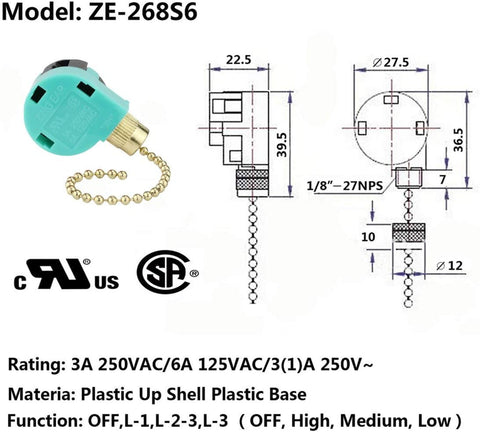 Ceiling Fan 3 Speed Pull Chain Switch Control Replacement, 2PCS Brass