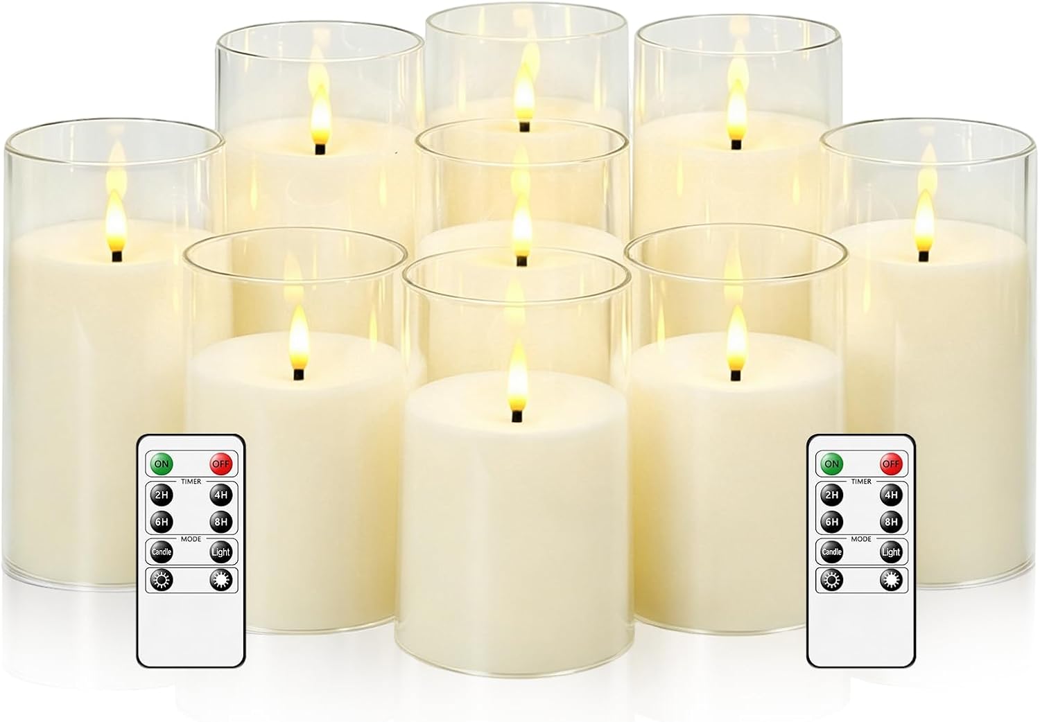 kakoya Flickering Flameless Candles Battery Operated with Remote and 2/4/6/8 H Timer Acrylic Led Pillar Candles Pack of 9 (D 3" xH 4" 5" 6") with Realistic 3D Wick Candles for Home Decor(Ivory)