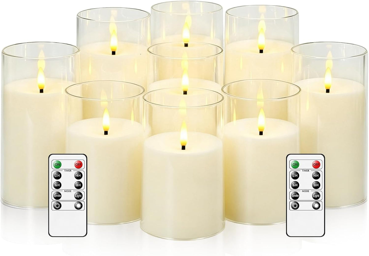 kakoya Flickering Flameless Candles Battery Operated with Remote and 2/4/6/8 H Timer Acrylic Led Pillar Candles Pack of 9 (D 3" xH 4" 5" 6") with Realistic 3D Wick Candles for Home Decor(Ivory)