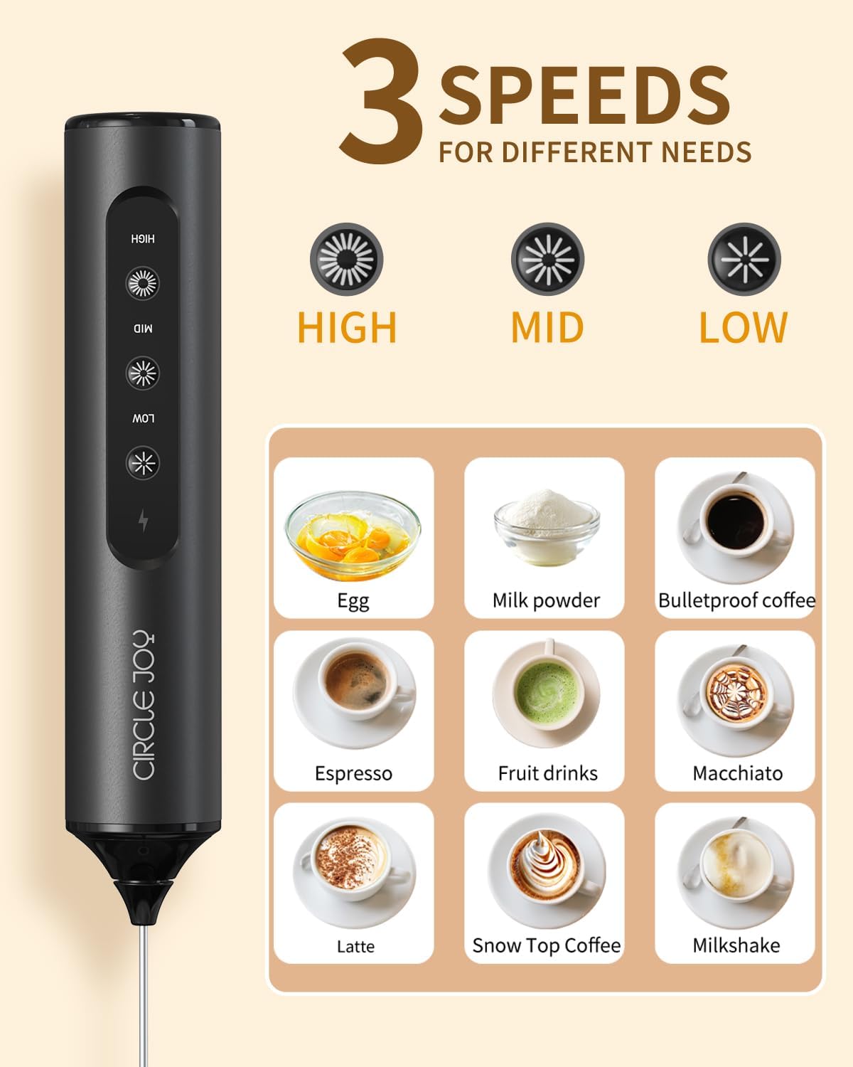 CIRCLE JOY Rechargeable Handheld Milk Frother Wand with Stand, 3 Variable Speeds, 3 Whisks and Storage Box, Electric Drink Mixer for Latte, Cappuccino, Hot Chocolate, Eggs and Protein Powder, Black