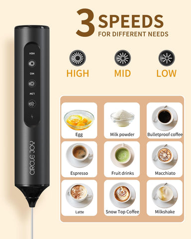 CIRCLE JOY Rechargeable Handheld Milk Frother Wand with Stand, 3 Variable Speeds, 3 Whisks and Storage Box, Electric Drink Mixer for Latte, Cappuccino, Hot Chocolate, Eggs and Protein Powder, Black