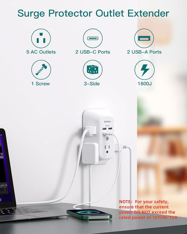 Addtam 5-Outlet Extender Surge Protector, Multi Plug Wall Outlet with 4 USB Wall Charger(2 USB C), Outlet Splitter Power Strip for Home Office Dorm Room Essentials, Plug Extension Outlet 1800J, 2 Pack