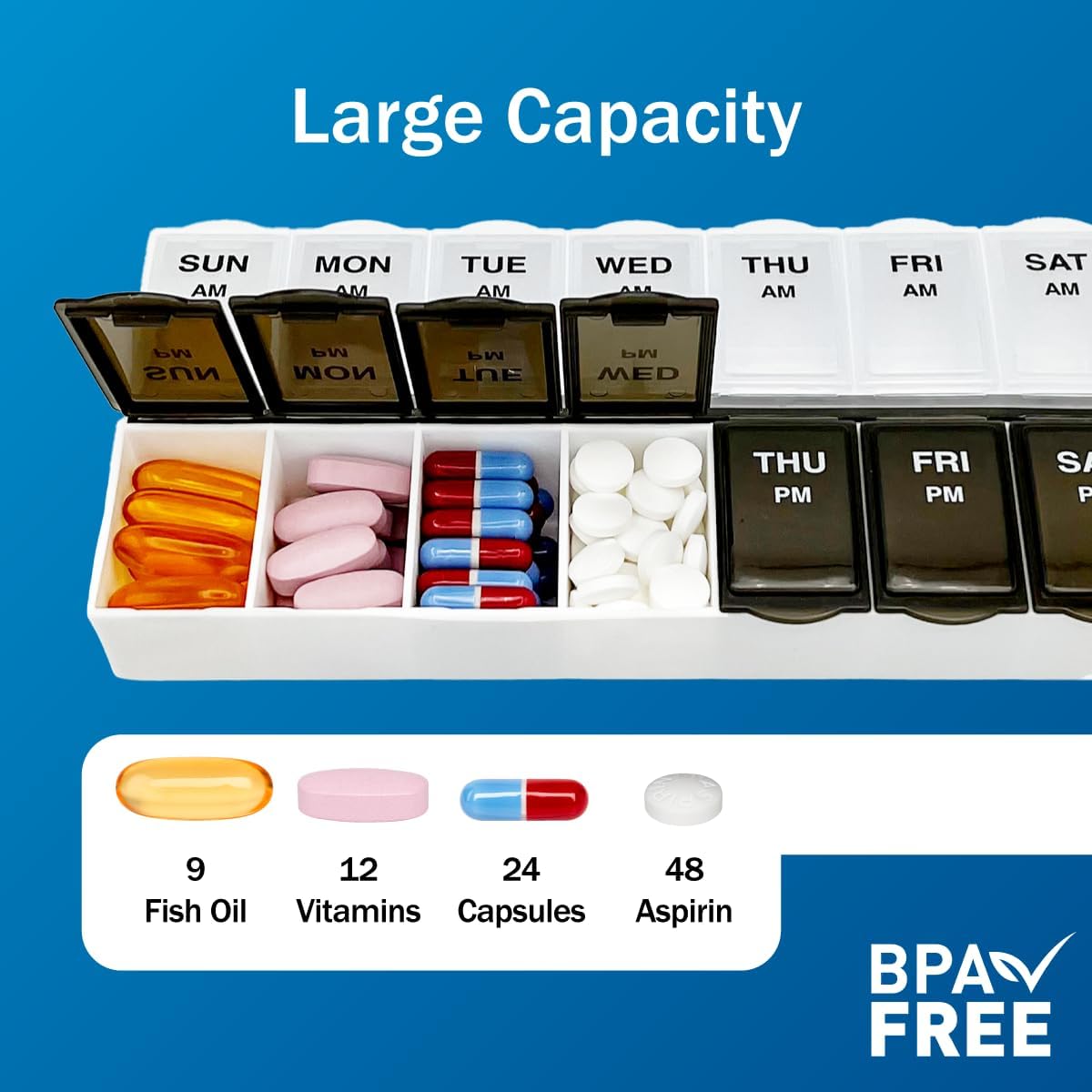 Amazon Basic Care 7-Day AM/PM Pill Organizer, Vitamin Case and Medicine Box with Large Compartments, 2 Times a Day, Black and Clear Lids (Pack of 2)