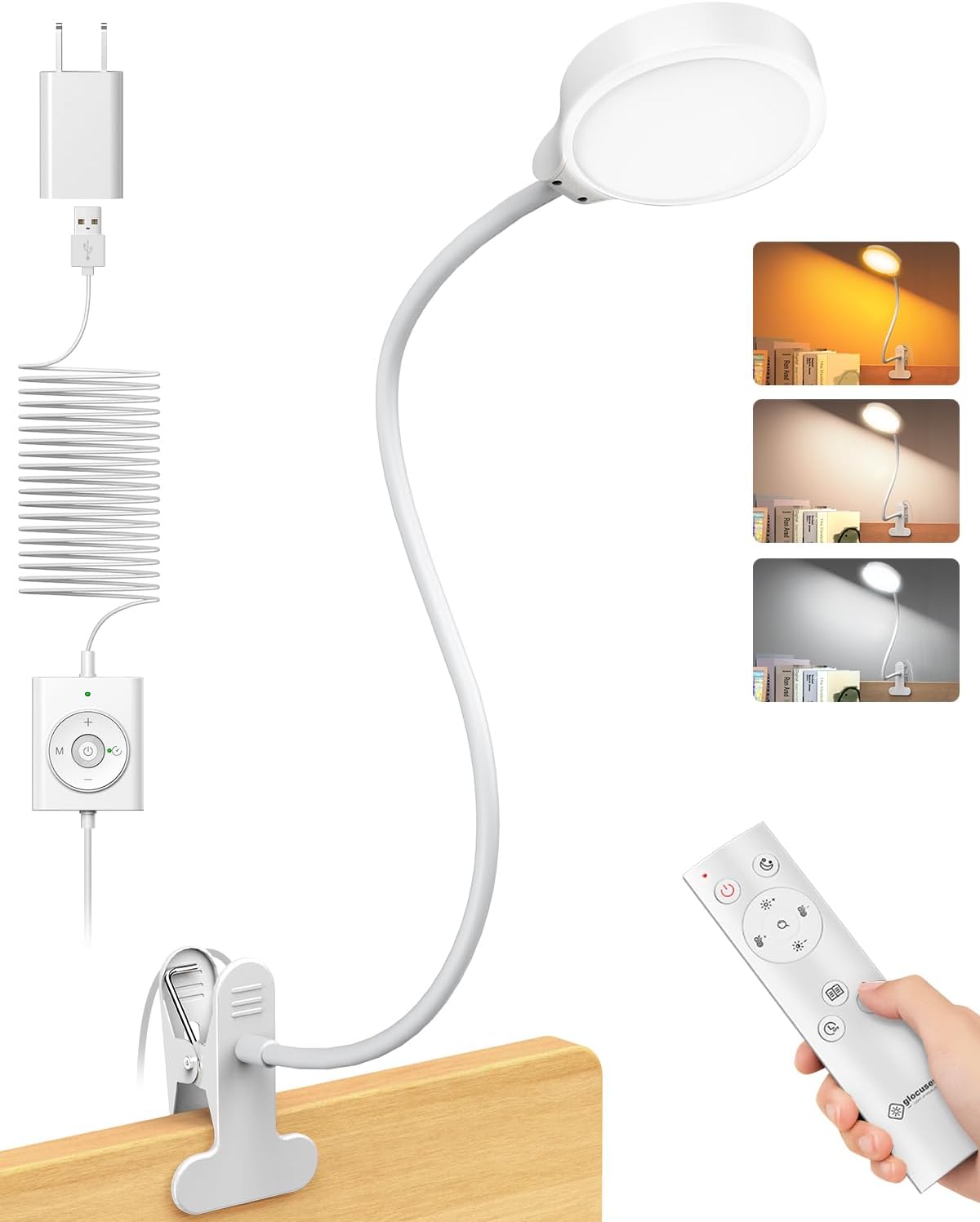 Glocusent 5W Desk Lamp with Remote, 3 Colors & 5 Brightness Reading Lights