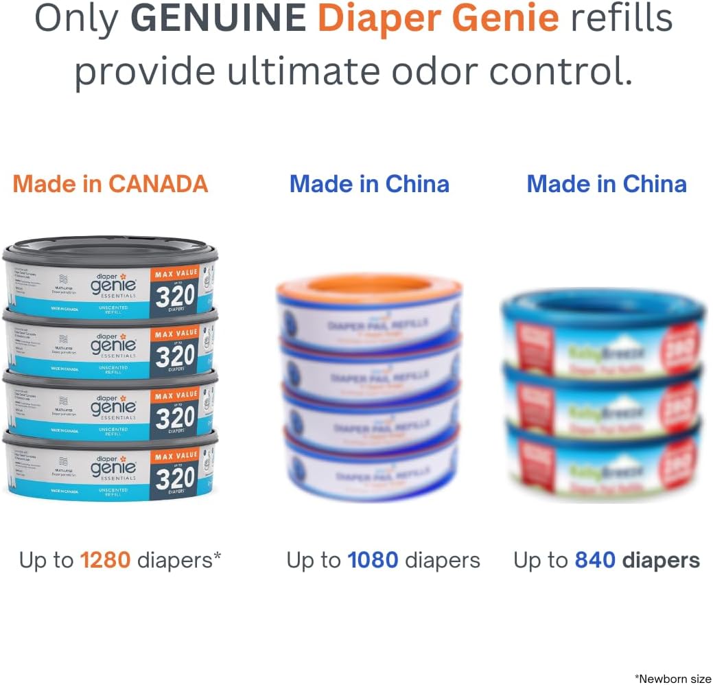 Diaper Genie Essentials Round Refill 4-Pack | Holds Up to 1280 Newborn Diapers | Features Unscented Continuous Film | Compatible with Diaper Genie Complete and Expressions Pails
