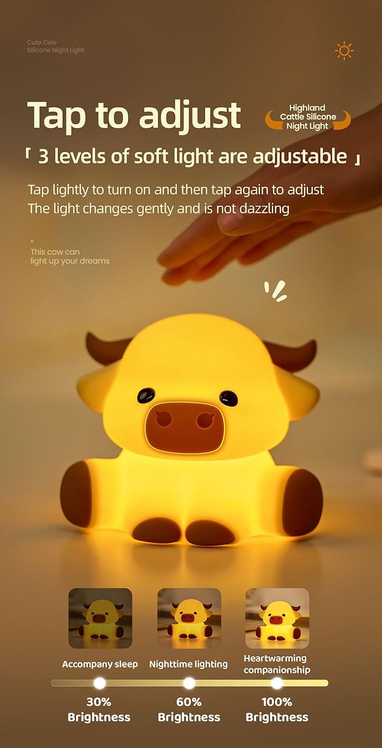Cute Highland Cow Night Light, Squishy Highland Cow Novelty Animal Lamp, 3 Level Dimmable Nursery Nightlight with Timer, Food Grade Silicone Touch Night Light Fun Gifts for Kids Boys Girls Baby