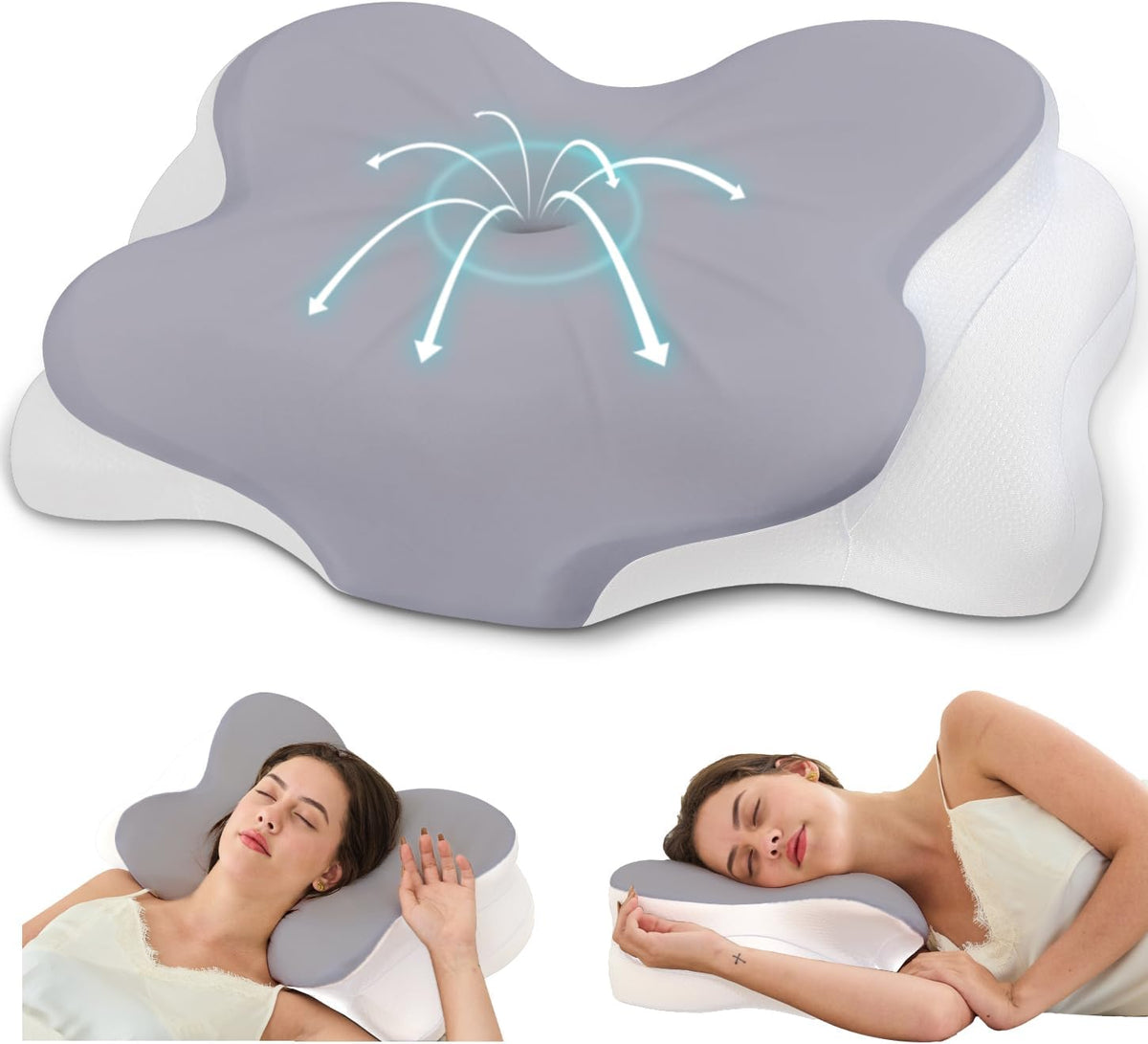 Cervical Neck Pillow, Memory Foam Pillow with Dual Height, Grey
