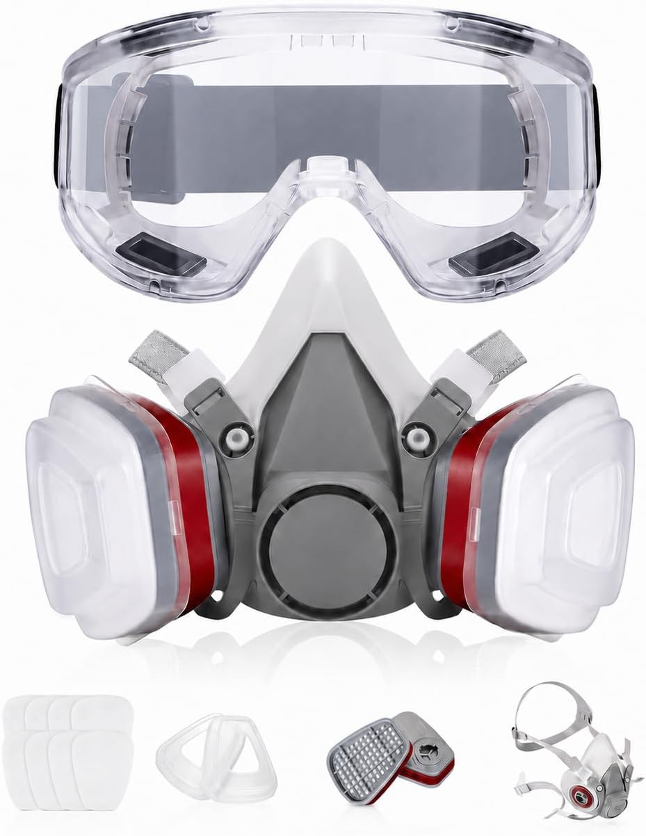 LAUCO Premium Respirator Kit - Reusable Half Face Cover Set with Safety Glasses for Gas, Painting, Machine Polishing, Staining, Car Spraying, Sanding & Cutting, DIY and Other Work Protection