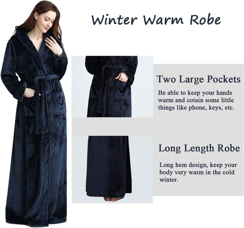 Hellomamma Long Hooded Robe for Women Luxurious Flannel Fleece Full Length Bathrobe Winter Warm Pajamas Shower Nightgown