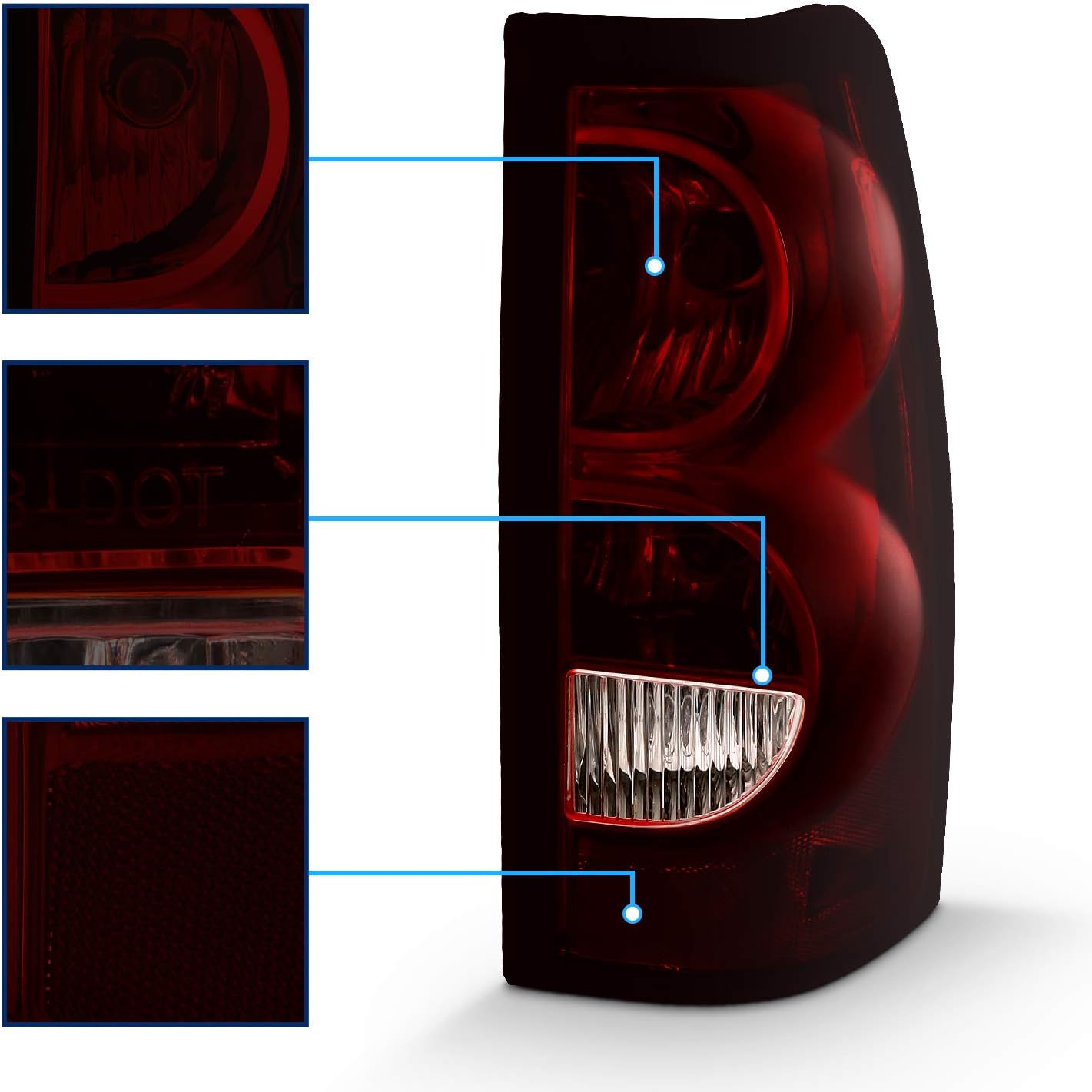 AmeriLite Dark Red Smoke Tint Replacement Tail Lights For 2003-2006 Chevy Silverado Truck - w/Bulb and Harness Brake Lamp Pair