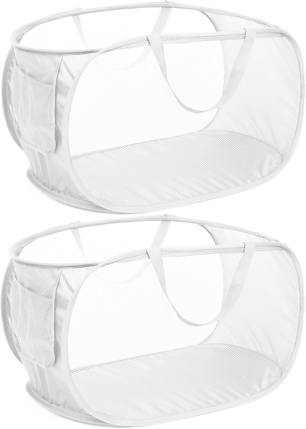 Strong Mesh Pop Up Laundry Basket, Collapsible Laundry Hamper with Side Pocket, Foldable Clothes Hamper with Durable Reinforced Handles for Laundry, Bathroom, Kids Room, Dorm or Travel 2 Pack White