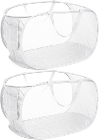 Strong Mesh Pop Up Laundry Basket, Collapsible Laundry Hamper with Side Pocket, Foldable Clothes Hamper with Durable Reinforced Handles for Laundry, Bathroom, Kids Room, Dorm or Travel 2 Pack White