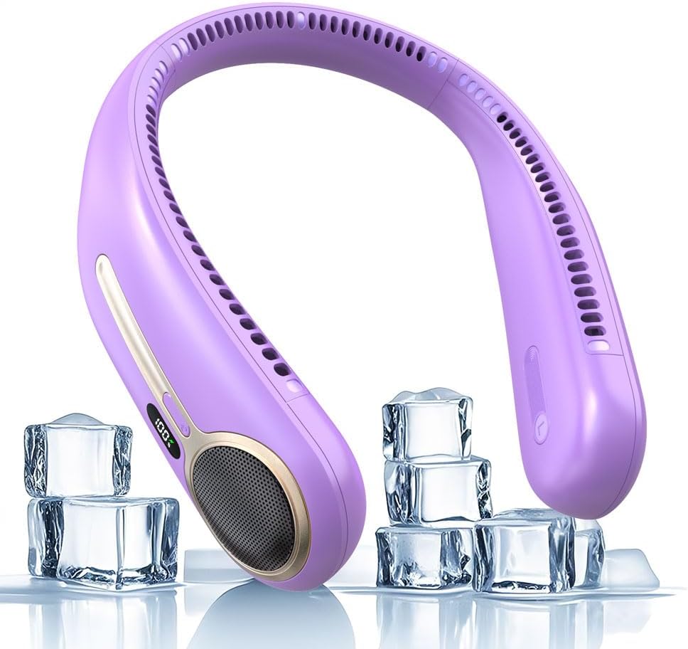 Portable Neck Fan, Personal Wearable Bladeless Fan, 6000mAh USB Rechargeable, 360° Airflow, LED Display, 4-Speeds, Hands Free Fan for Outdoor Indoor, Birthday Gifts for Men Women Dad Mom (Purple)