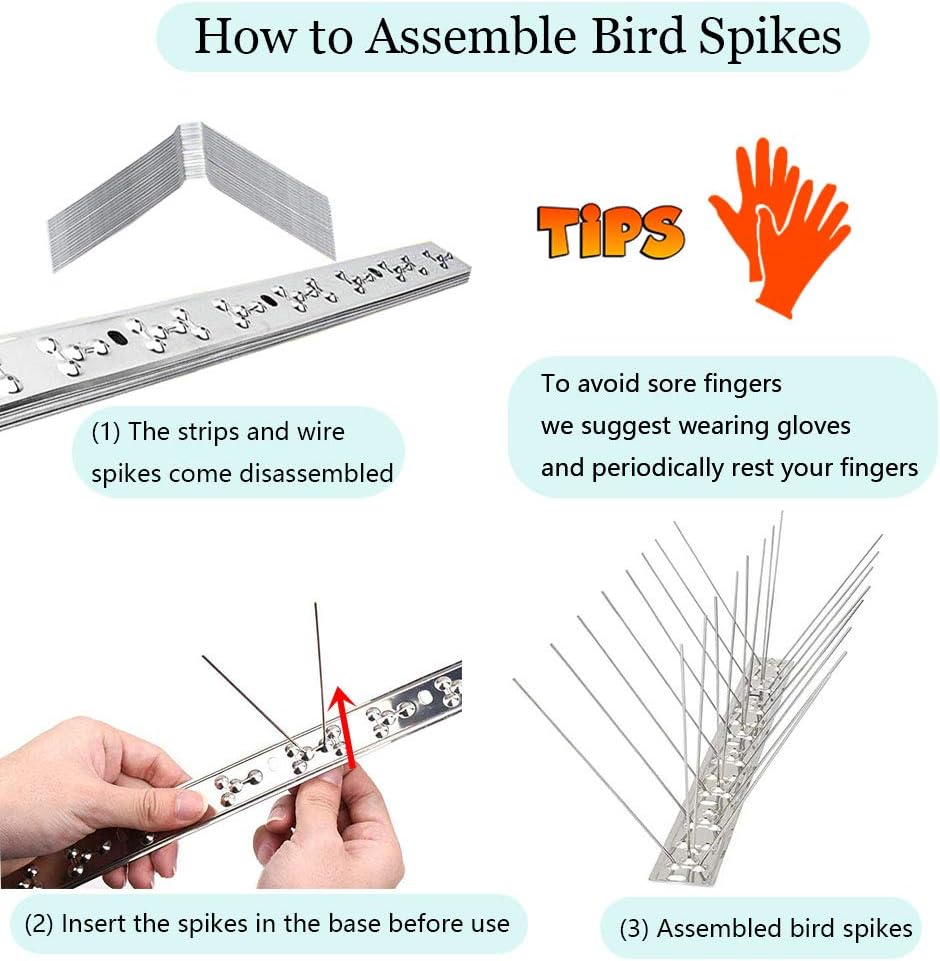 PANGCH Bird Spikes,Stainless Steel Bird Spikes Metal Bird Spikes Fence Spikes Easy to Install - 5 Strips 4.1 Feet Coverage