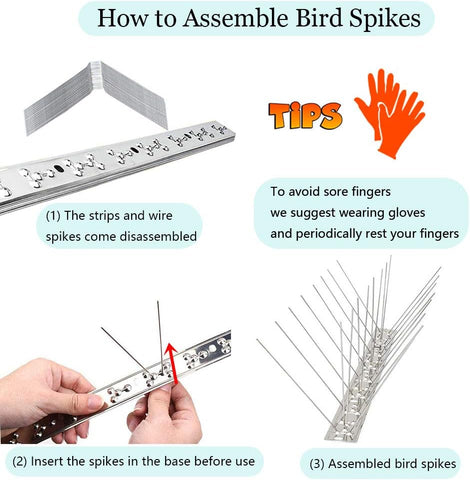 PANGCH Bird Spikes,Stainless Steel Bird Spikes Metal Bird Spikes Fence Spikes Easy to Install - 5 Strips 4.1 Feet Coverage