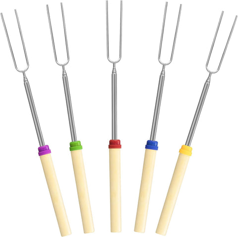 5 Pack Marshmallow Roasting Sticks Set, Extendable 32in Long Metal Barbecue Skewers with Wooden Handle, for Marshmallow, Hot Dogs, Camping, BBQ, Grill