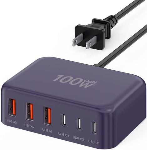 USB C Fast Charger, 100W GaN 6 Port Type USB C Charging Station Hub Block Cube, USB C Wall Charger Power Strip Adapter Plug for iPad iPhone 16 15 14 13 12 Pro Max Pixel Note Galaxy, 5ft Cord
