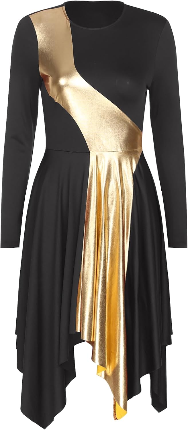 Freebily Liturgical Dancewear for Women Long Sleeve Contemporary Dance Costumes Asymmetrical Praise Dance Dresses