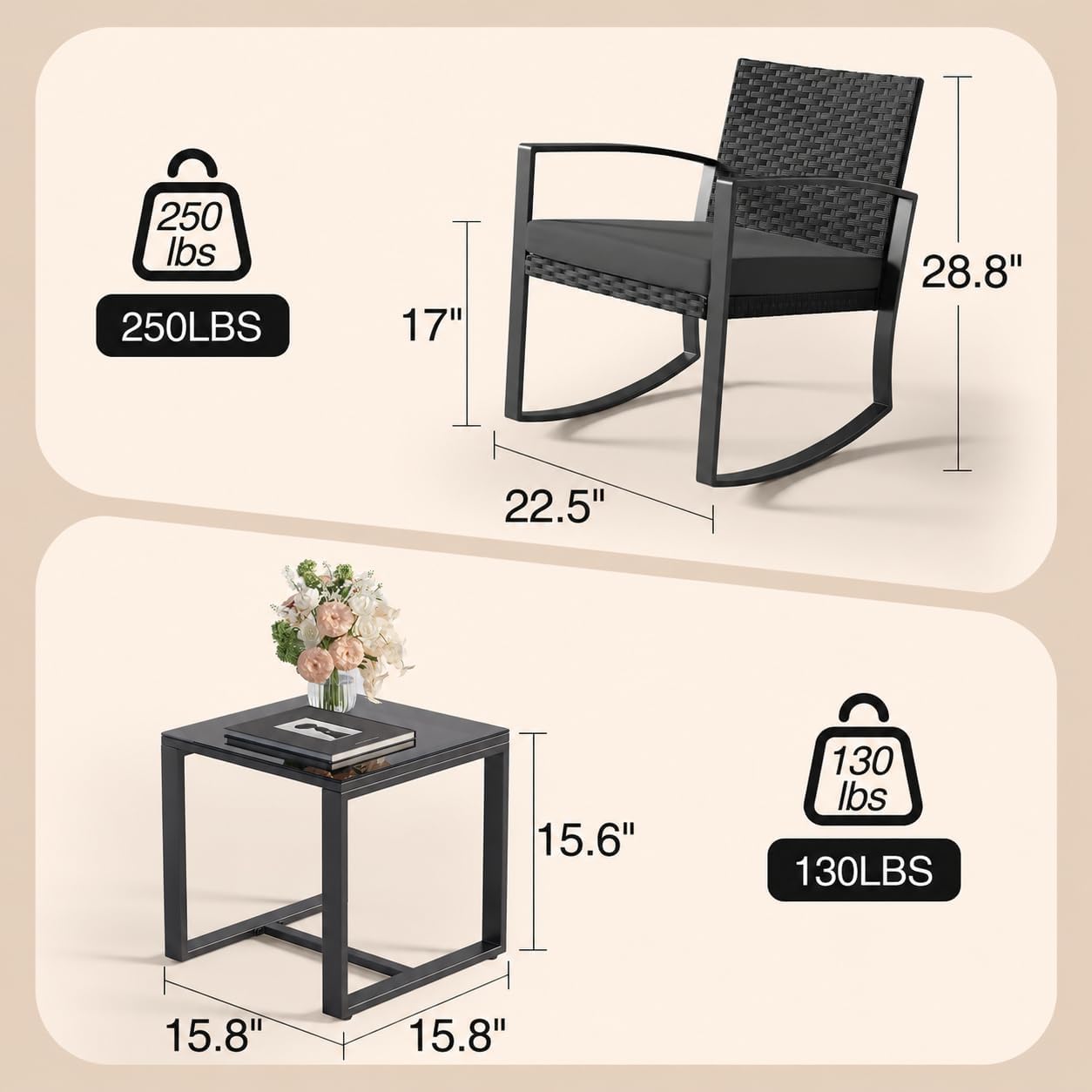 Qsun 3 Pieces Patio Furniture Set Rocking Bistro Set, Outdoor Patio Furniture Set with Coffee Table for Garden Balcony Backyard Poolside (Black Cushion)