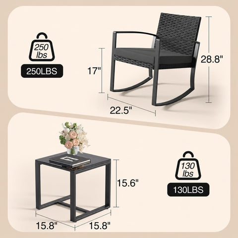 Qsun 3 Pieces Patio Furniture Set Rocking Bistro Set, Outdoor Patio Furniture Set with Coffee Table for Garden Balcony Backyard Poolside (Black Cushion)