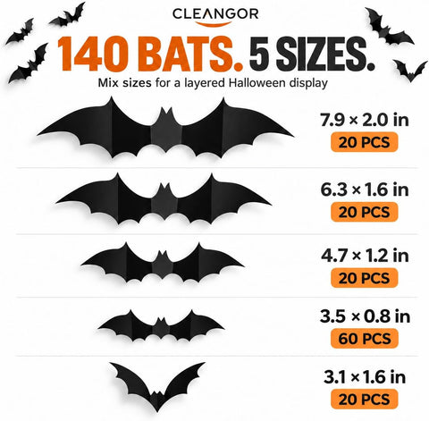Cleangor 140 PCS Halloween Bat Decorations, 3D Wall Decor, 5 Sizes, Indoor