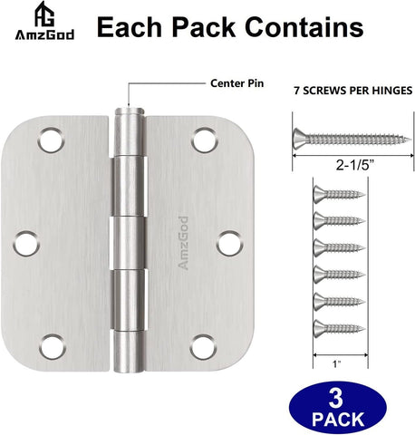 Door Hinges Brushed Nickel - 3 Pack Satin Nickel 3.5 Inch Rounded Interior Door Hinges with 5/8" Radius - Flat Iron Residential Standard 3 1/2 Inches Silver Door Hardware