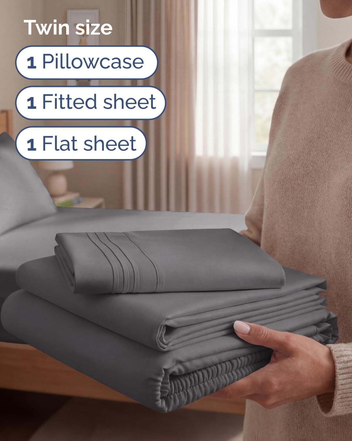 Twin Size 3 Piece Sheet Set - Comfy Breathable & Cooling Sheets - Dark Grey