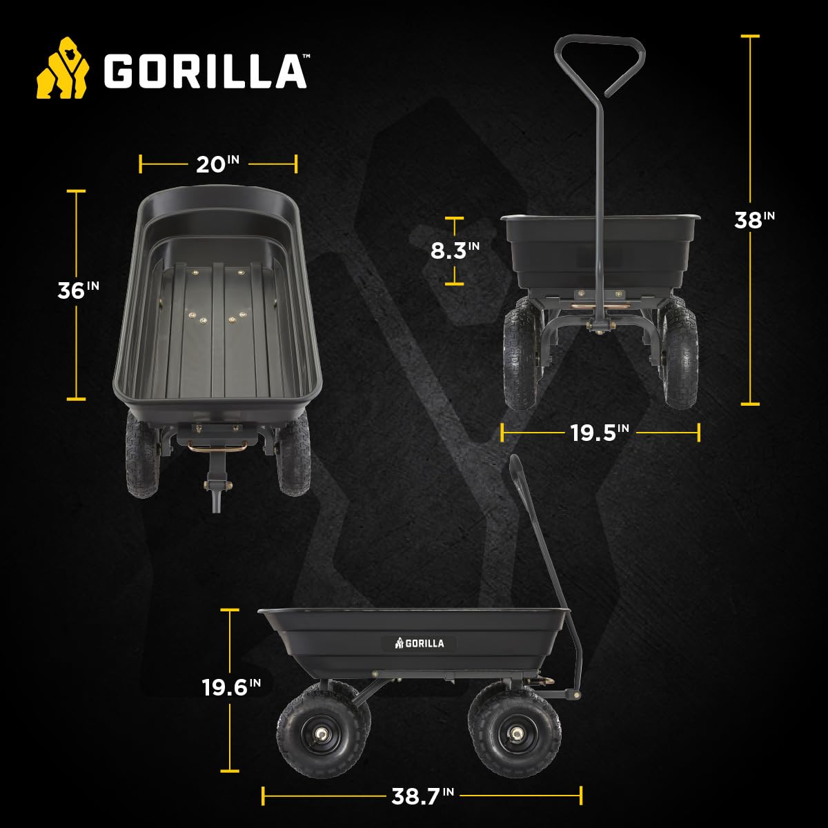 Gorilla Carts Poly Dump Cart, 600 lb. Capacity, 4 Cu ft, Quick Release Dump