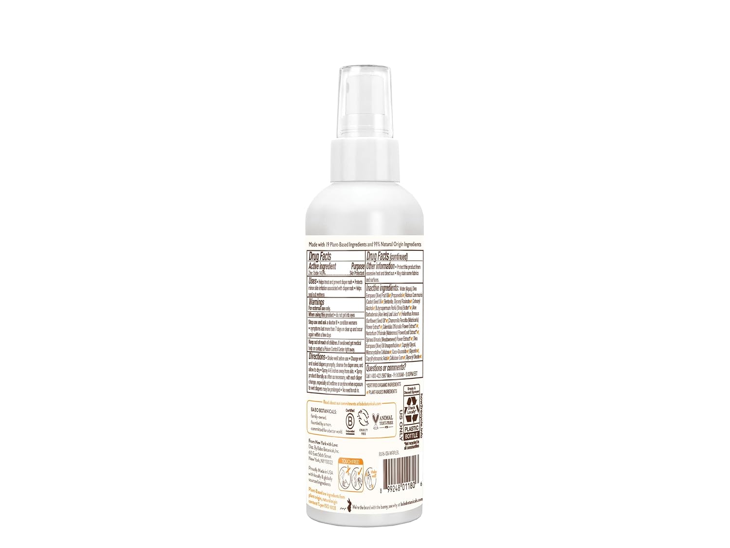 Babo Botanicals Sensitive Baby Fragrance-Free Diaper Rash Cream Spray - No touch, mess-free application - 14.9% Zinc Oxide - Shea Butter, Olive Oil & Aloe Vera - For Babies – 3fl.oz.