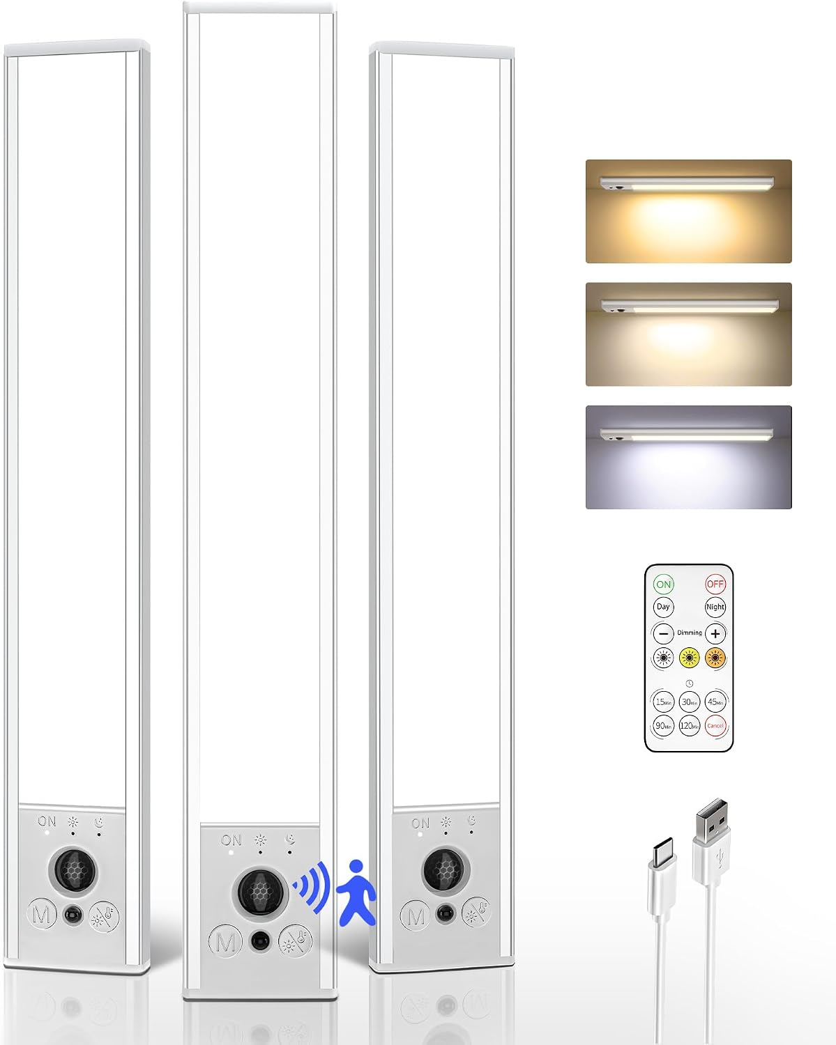 EZVALO 3-Pack 10inch Under Cabinet Lighting with Remote, 2400mAh Rechargeable Motion Sensor Lights, Magnetic Dimmable Closet Light, Timer, 3 Color Temps Wireless Lights for Kitchen, Pantry, Stair
