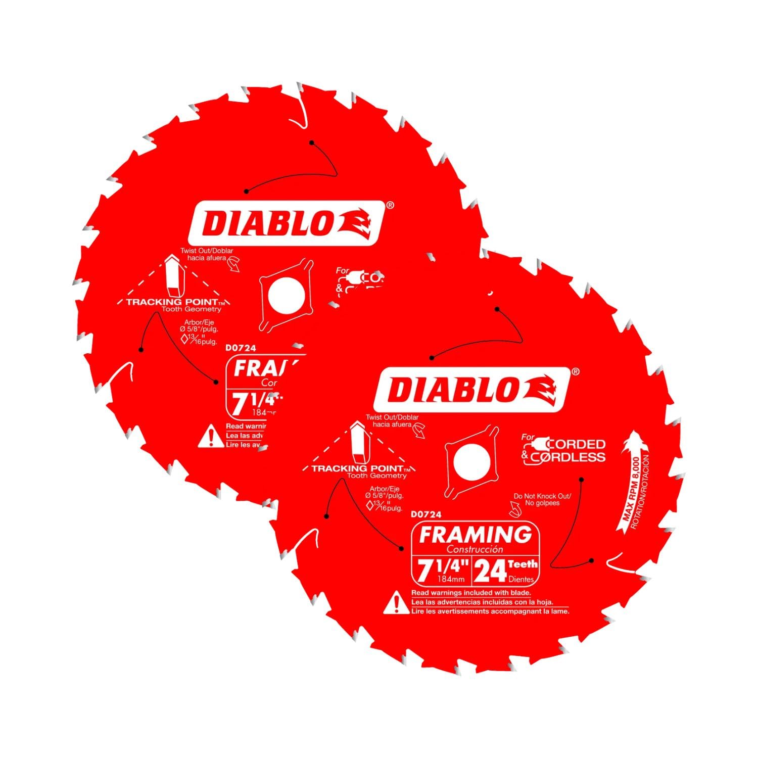 Diablo Framing Saw Blade for Wood - 7-1/4" x 24-Tooth, Thin Kerf, Anti-Vibration, Long Life for Framing & Pressure-Treated Wood, Tracking Point Tooth Design - Pack of 10 - D0724A