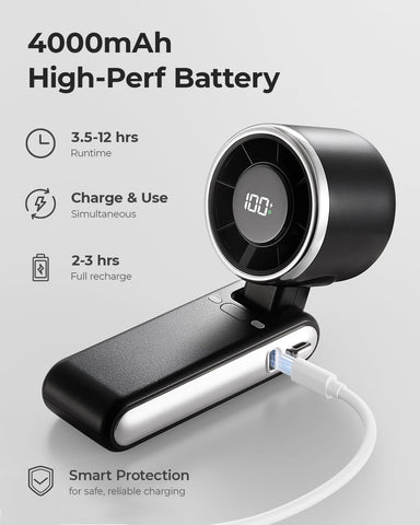 Portable Handheld Turbo Fan - 5 Gear High Speed 4000mAh Rechargeable Mini Personal Hand Fan Blow Cold Air, Battery Operated Travel Essentials, Beach Vacation, Gifts for Women, Men (Black)