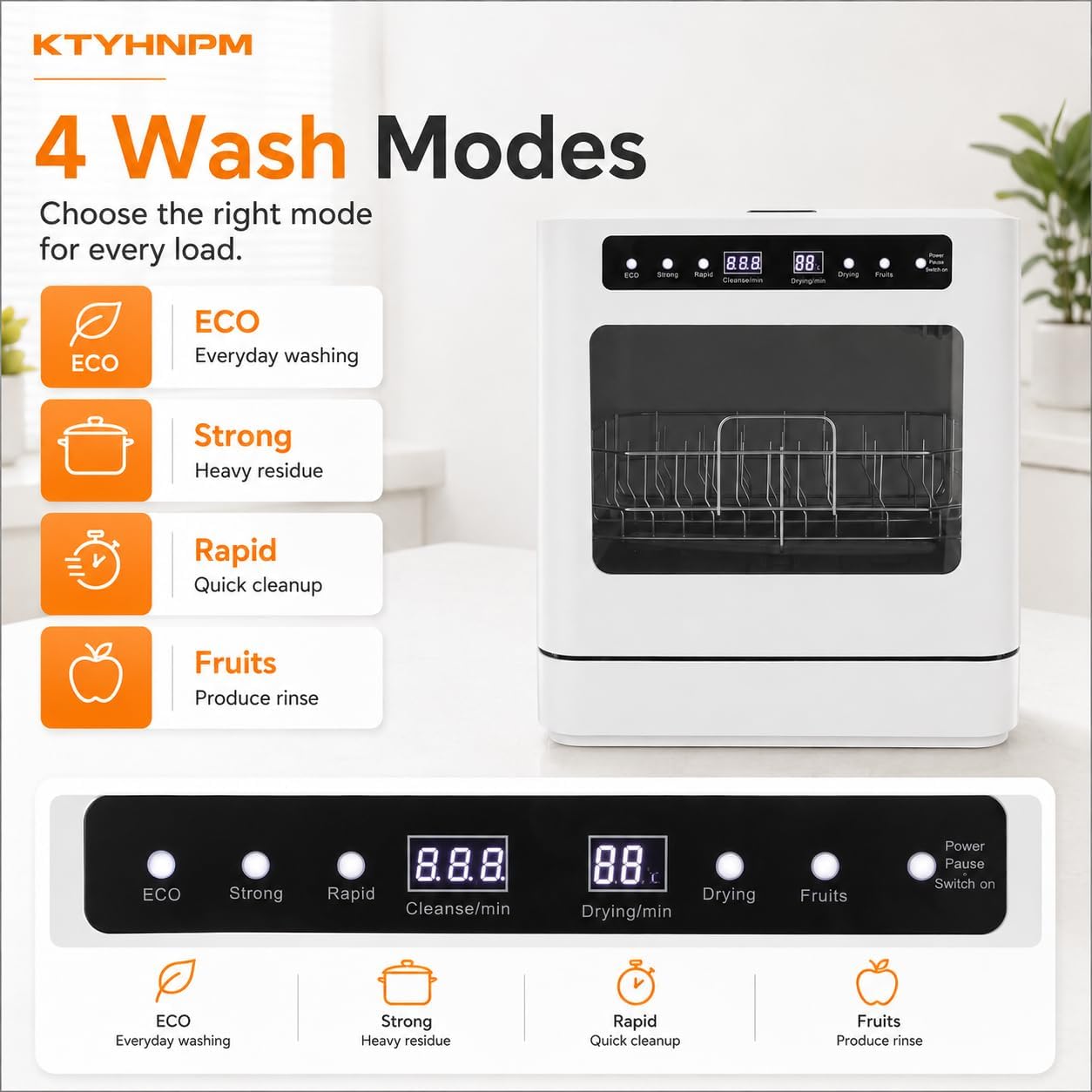 Countertop Dishwasher 800W Portable Mini Dishwasher 6.8L/1.8 Touch Controls Gallon Portable Dishwasher Countertop with 360° Rotating Spray for Apartment RV Dorms