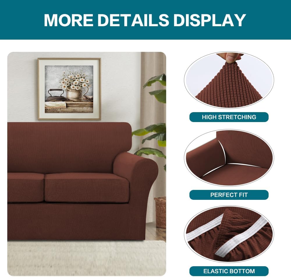Turquoize 3 Piece Sofa Covers For 2 Cushion Couch Sofa Slipcover Soft Couch Cover For Dogs-Washable Sofa Furniture Cover With 2 Individual Cushion Covers, Thick Jacquard Fabric (Loveseat, Burnt Brick)