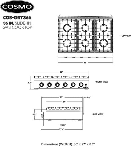 36 in. Lumin Collection Slide-In 6 Burner Gas Cooktop, LED, Stainless Steel
