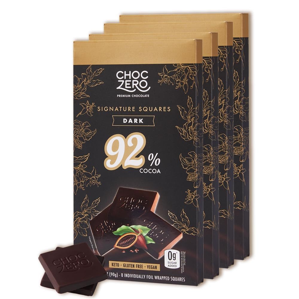 ChocZero 92% Cocoa Sugar Free Dark Chocolate Squares, Vegan, 4 Pack