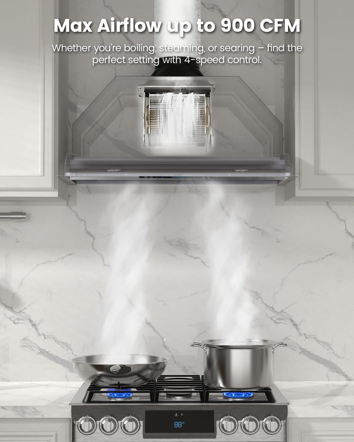 JOCO 42 Inch Range Hood Insert, 900 CFM, 4-Speed Gesture Touch Remote