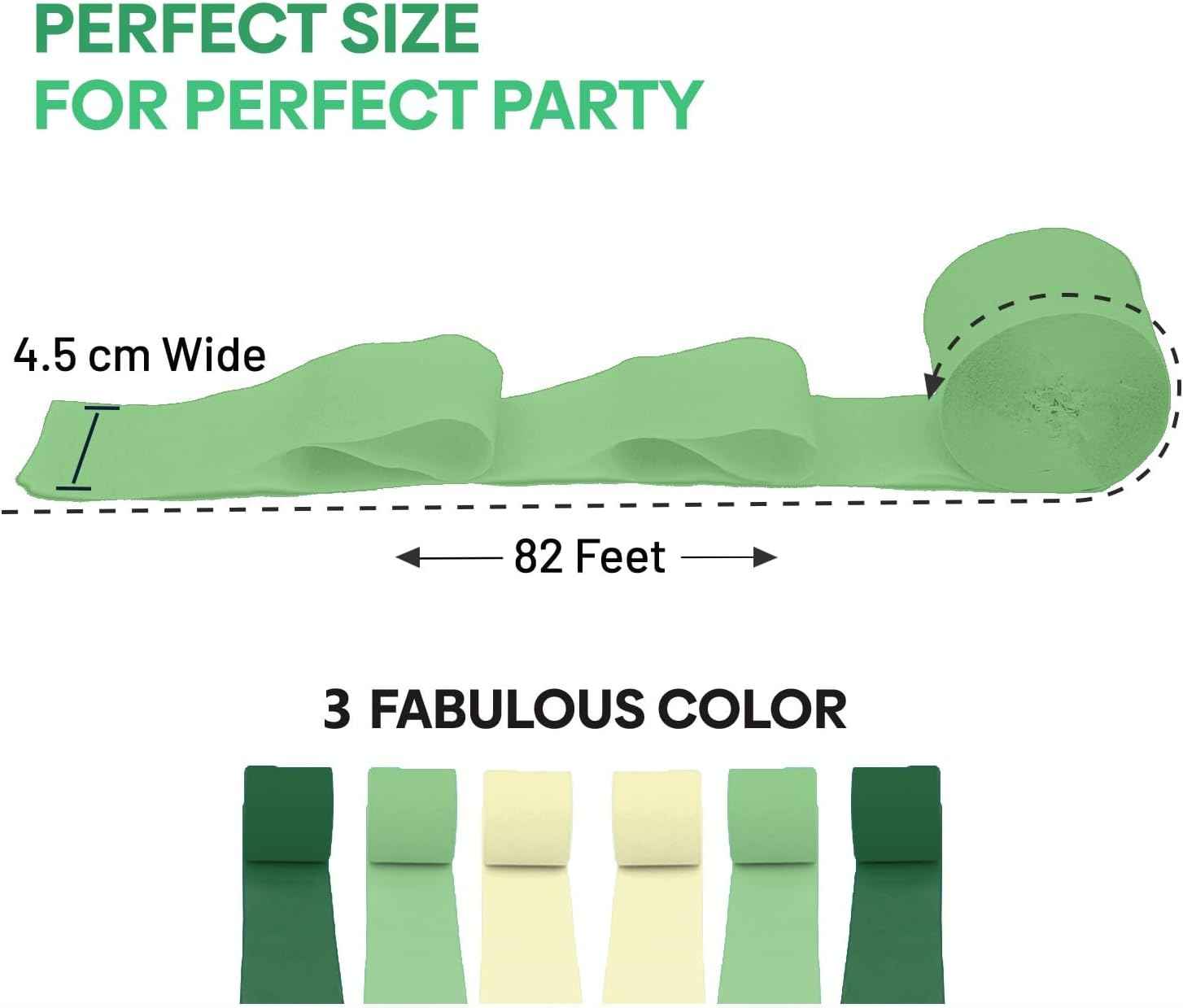 6 Green & White Crepe Paper Streamers, 492ft Pack of Party Decorations