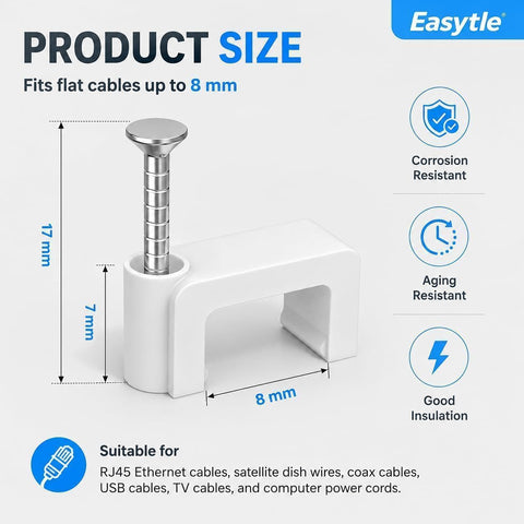 1000 Pcs 8mm Cable Clips Nail in Cable Clips Flat Ethernet Cable Wall Clips Cable Tacks Coax Cable Clip Speaker Wire Clips Cable Nails for Cords Cat5/Cat5e/Cat6/Cat7 RJ45 Cord Clips
