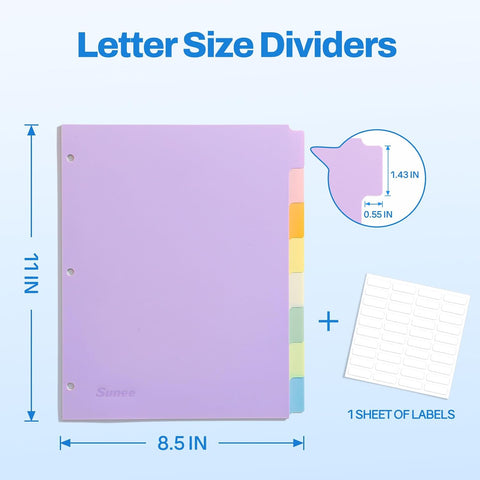 SUNEE 8 Tab Binder Dividers,Plastic Dividers for 3 Ring Binder,3 Ring Binder Dividers with Tabs for School Office Home Supplies,Soft Color, 6 Set