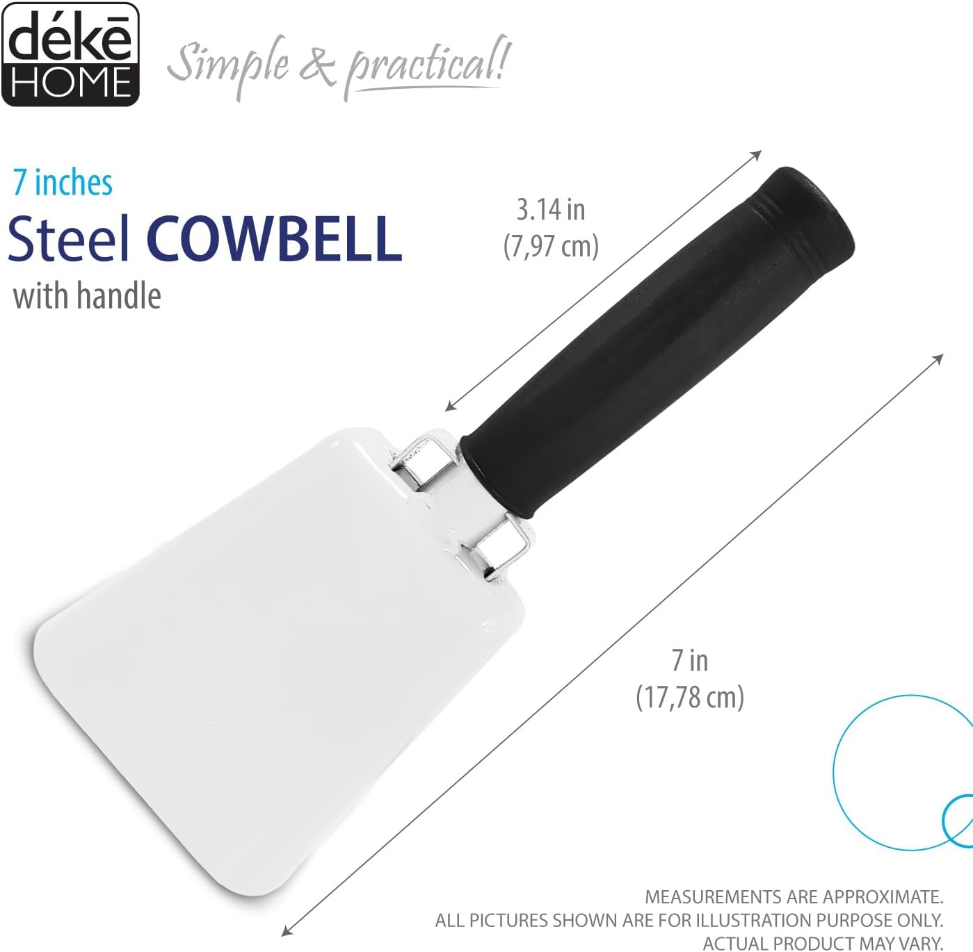 2 pack 7 in. steel cowbell/Noise makers with handles. Cheering Bell for sporting, football games, events. Large solid school hand bells. Cowbells. Percussion Musical Instrument. Cow Bell Alarm (White)