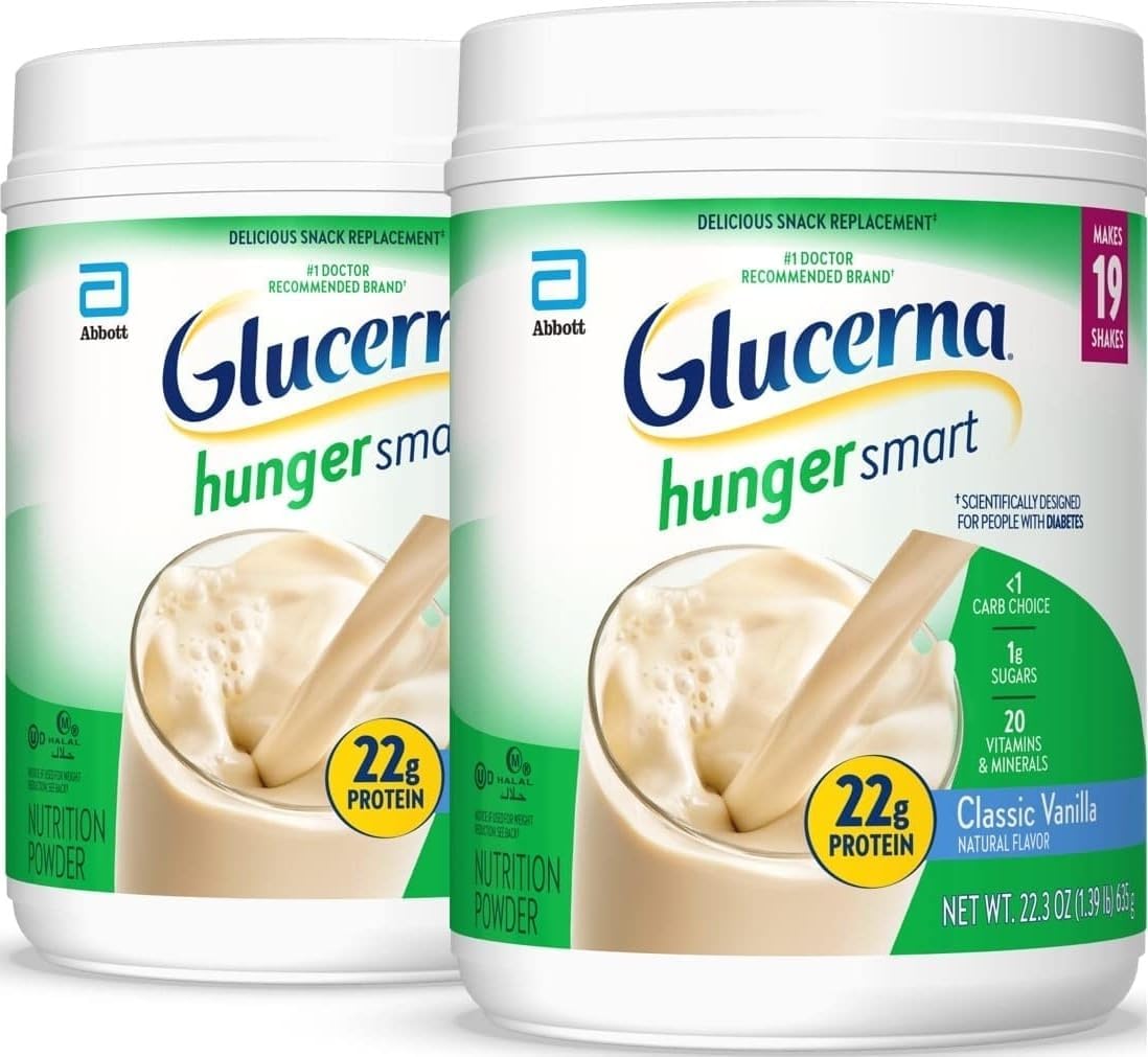 Glucerna Hunger Smart Diabetes Care Powder, Classic Vanilla, Diabetic Snack Replacement to Support Blood Sugar Management, 22g Protein, 130 Calories, 22.3 Oz, 2 Pack