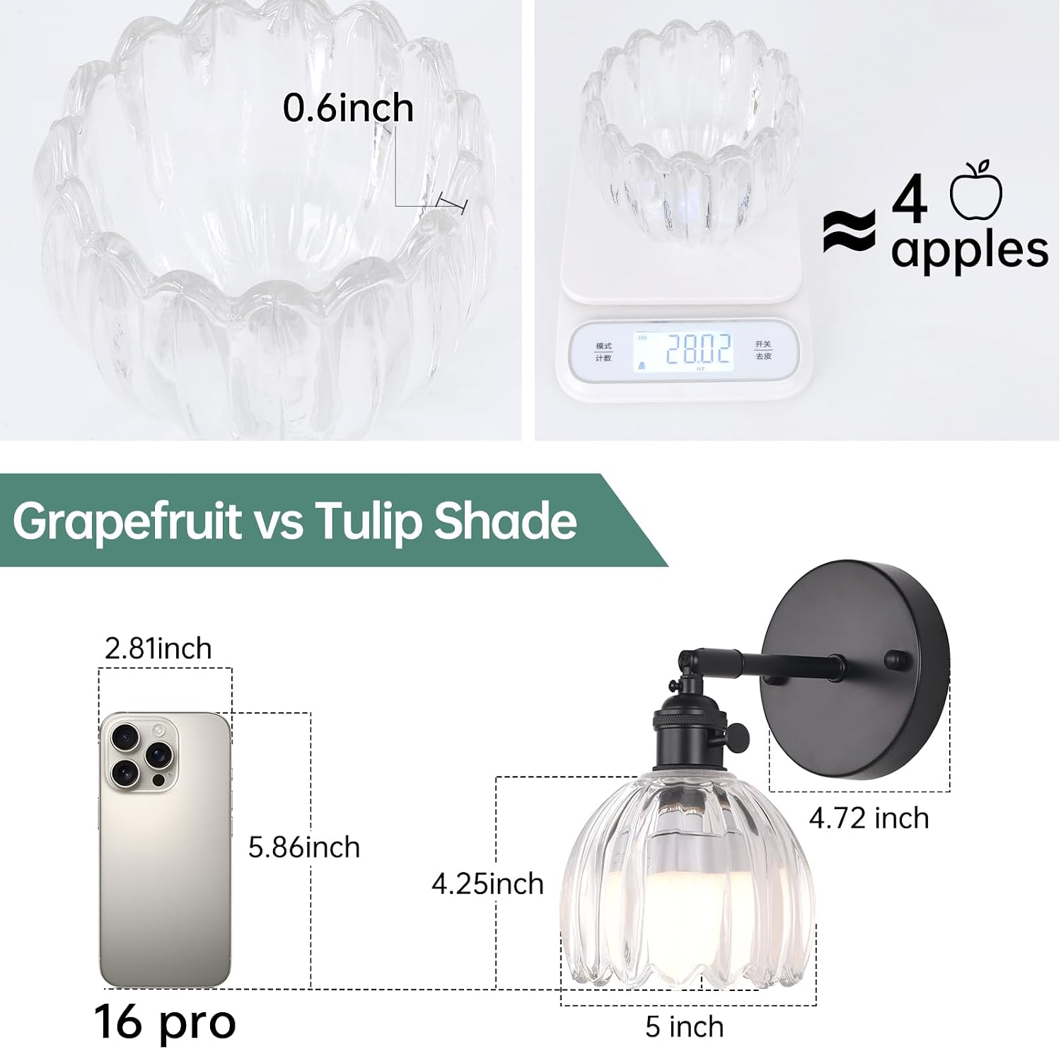 Shenmoyl Vintage Battery Operated Wall Sconce with Transparent Tulip Glass Lampshade Rechargeable Battery Powered Black Wall Light with Remote Control for Bedside Bedroom Doorway