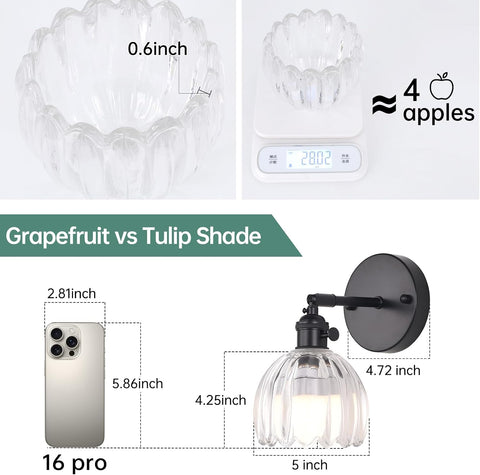 Shenmoyl Vintage Battery Operated Wall Sconce with Transparent Tulip Glass Lampshade Rechargeable Battery Powered Black Wall Light with Remote Control for Bedside Bedroom Doorway