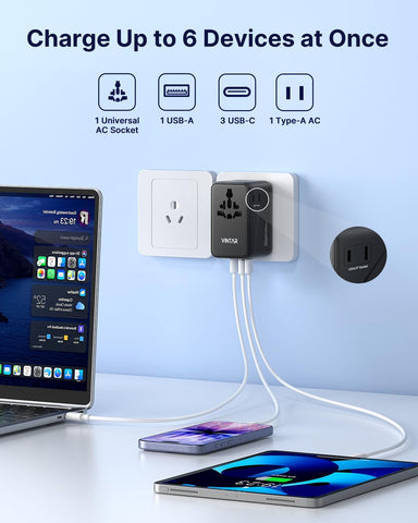 VINTAR Universal Travel Adapter, 140W GaN Fast Charger for EU UK US AU