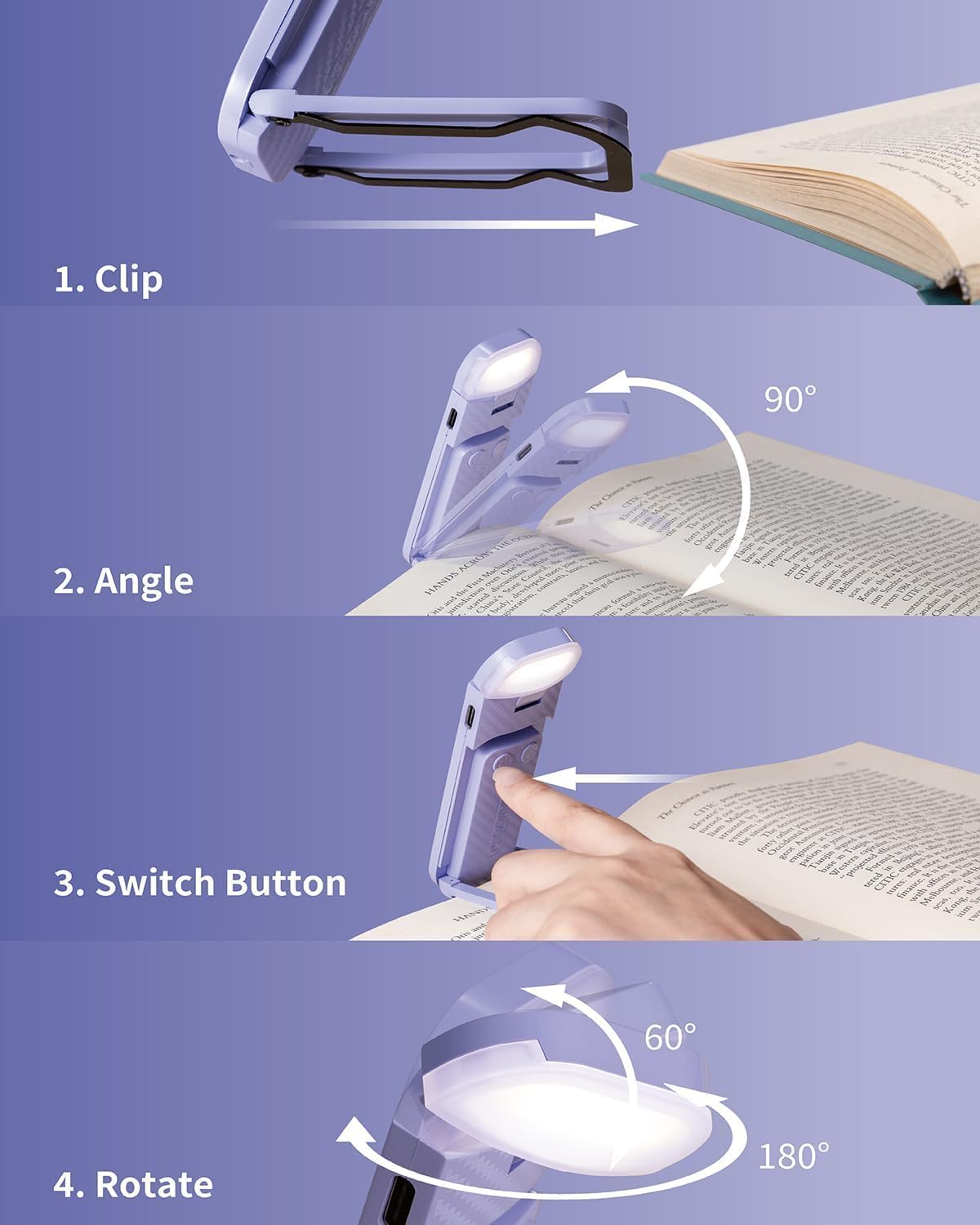HEMONNKAM Book Reading Light, Rechargeable Clip on Booklight, Eye Caring 3 Color Temperatures & 5 Brightness Levels, Night Use for Bed, Long Lasting, Reading at Night in Bed, Romantic Purple